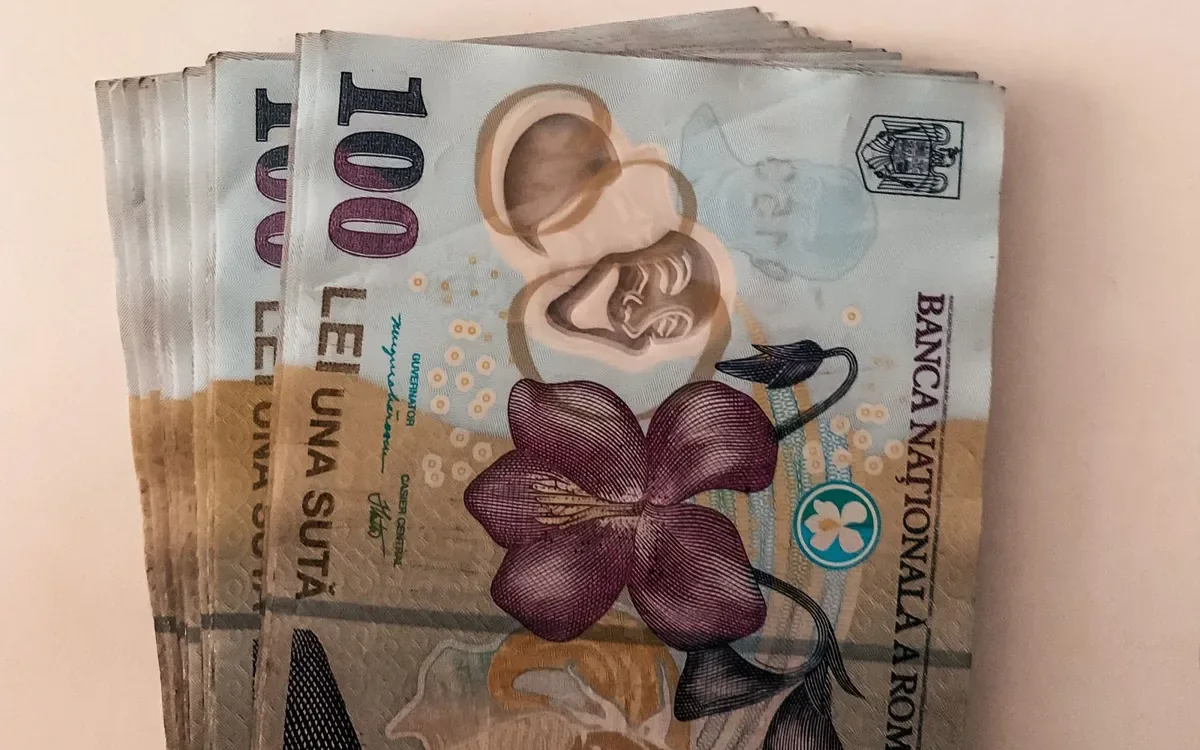 Teanc de bancnote de 100 de lei suprapuse pe un fundal deschis