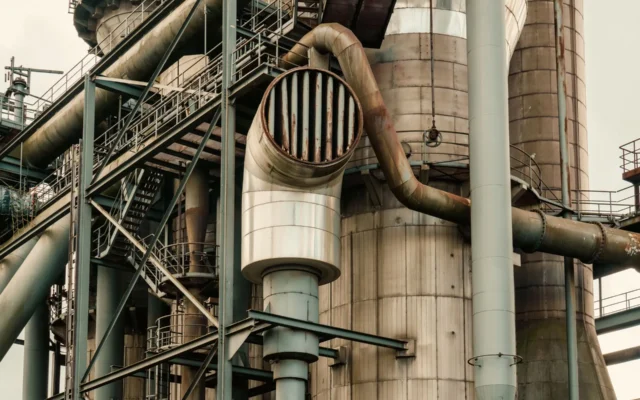 Conducte, scări și structuri metalice în exteriorul unei instalații industriale