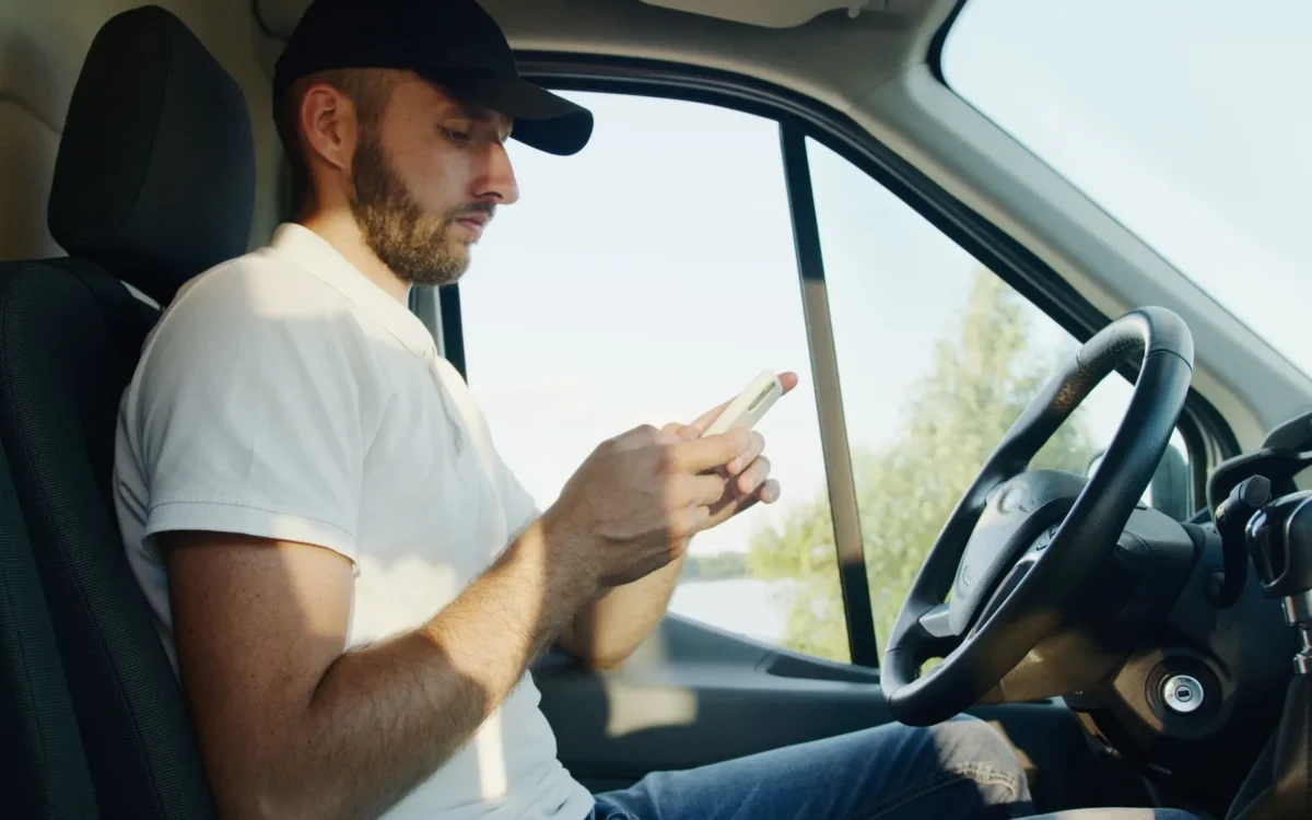 Șofer privind telefonul în mașina parcată