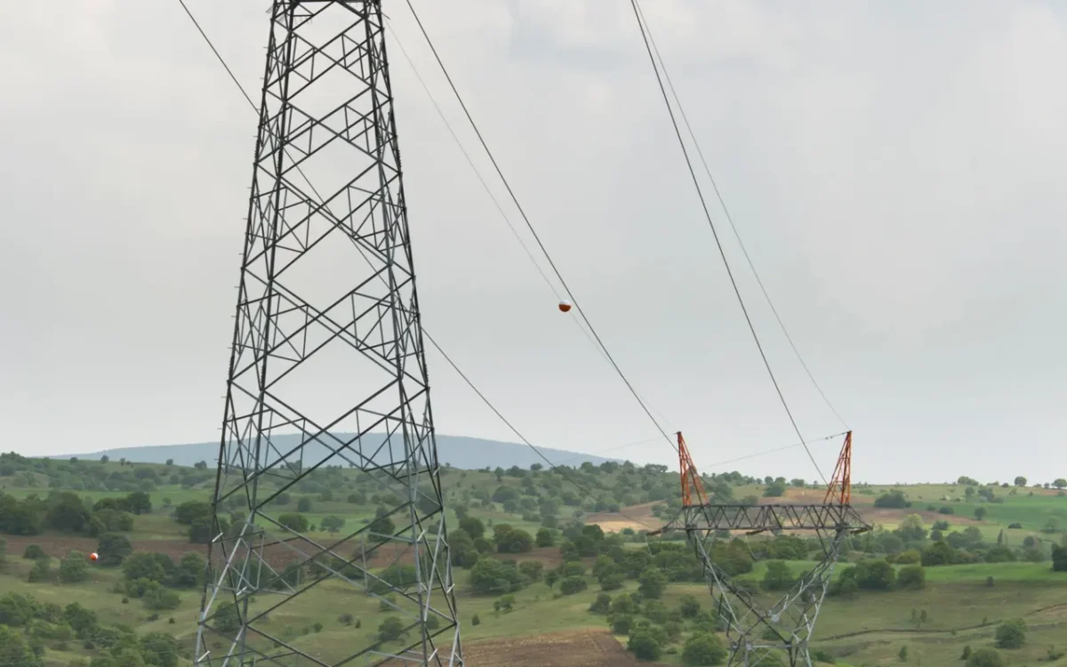Doi stâlpi metalici ai unei linii electrice deasupra unor terenuri verzi